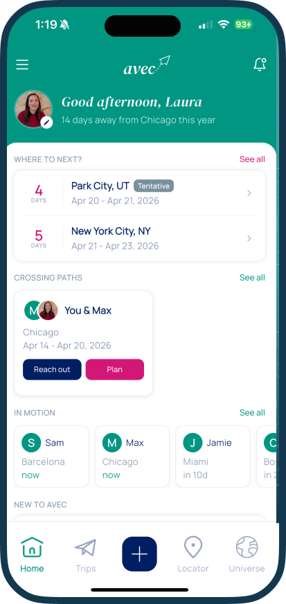avec home screen showing crossing paths and in motion contacts